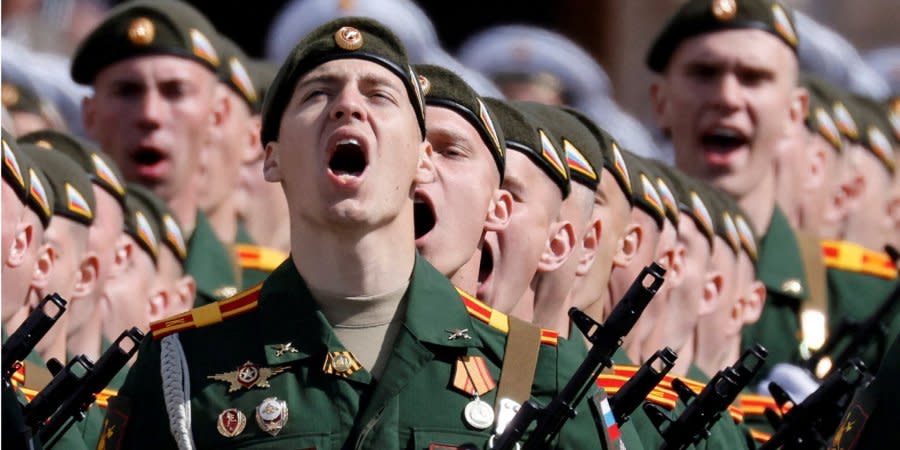 Russian soldiers march during the military parade in Moscow on May 9