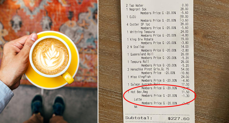 Price of coffee on restaurant receipt in Sydney