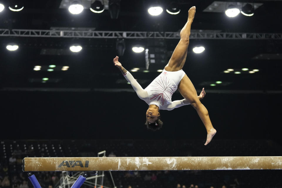 Jordan Chiles performs her balance-beam routine during the U.S. Classic gymnastics competition in Indianapolis, Saturday, May 22, 2021. (AP Photo/AJ Mast)