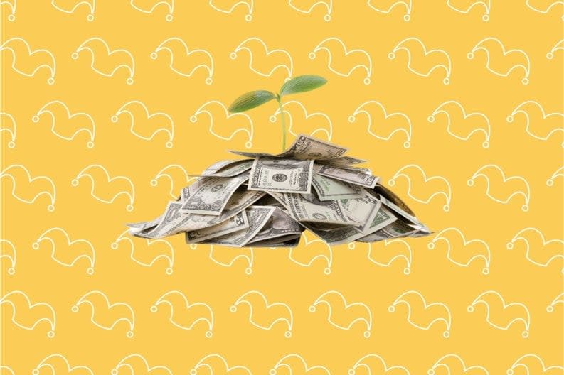 A⁢ pile‍ of money with a seedling growing out of it