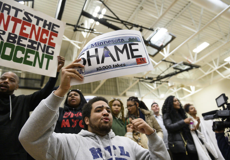 ST LOUIS PARK, MN - MARCH 01: Protestors on stage during a rally for Democratic presidential candidate Sen. Amy Klobuchar (D-MN) on March 1, 2020 in St Louis Park, Minnesota. The protesters, critical of Klobuchar's history as a prosecutor in Hennepin County, successfully shut down the event. (Photo by Stephen Maturen/Getty Images)