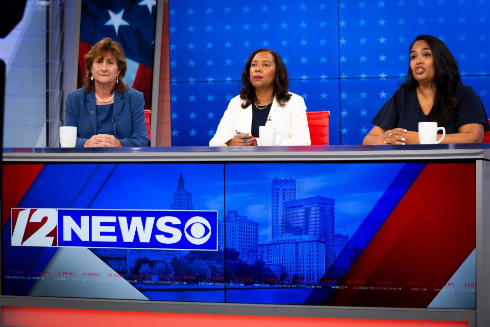 From left, Rep. Deborah Ruggiero, Lt. Gov. Sabina Matos and Sen. Cynthia Mendes, Democratic candidates for lieutenant governor, take part in a debate Friday at WPRI-TV.