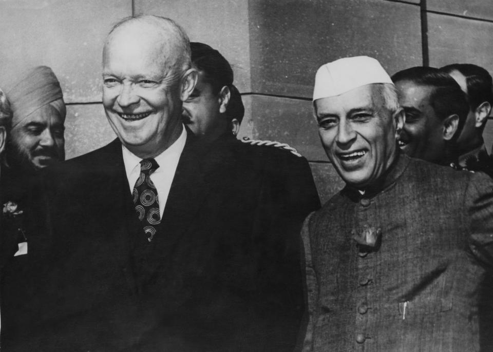 US President Dwight D. Eisenhower with Indian Prime Minister Jawaharlal Nehru at the Rashtrapati Bhavan in New Delhi, during Eisenhower's Goodwill Tour, Dec. 14, 1959. | Keystone/Hulton Archive/Getty Images