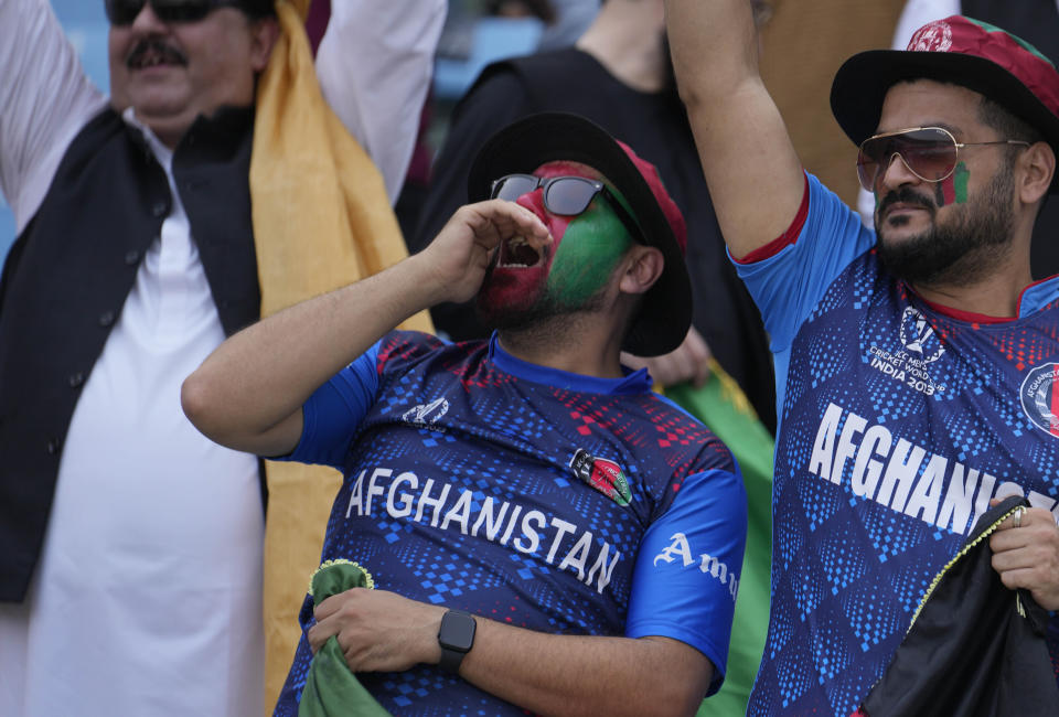 Afghanistan supporters cheer during the ICC Men's Cricket World Cup match between Afghanistan and Netherlands in Lucknow, India, Friday, Nov. 3, 2023. (AP Photo/Altaf Qadri)