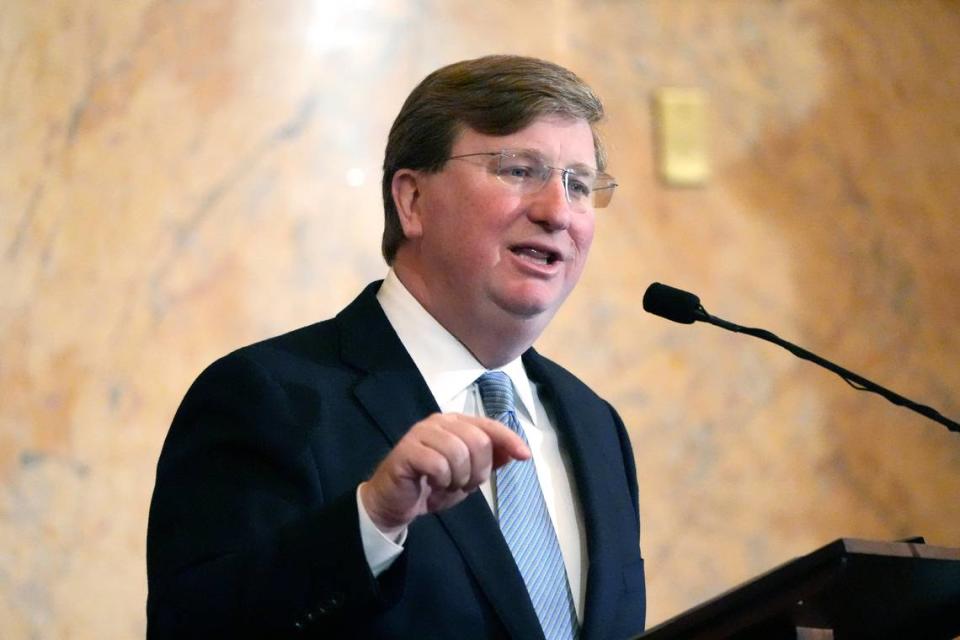 Mississippi Republican Gov. Tate Reeves delivers his State of the State address to the Mississippi State Legislature, Monday, Feb. 26, 2024, at the state Capitol in Jackson, Miss. (AP Photo/Rogelio V. Solis) Rogelio V. Solis/AP