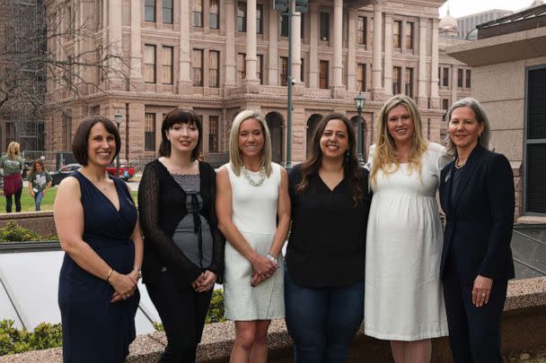 PHOTO: Center for Reproductive Rights attorney Molly Duane, left, and CEO Nancy Northup, right, stand with plaintiffs, from left, Lauren Hall, Amanda Zurawski, Anna Zargarian and Lauren Miller, March 7, 2023 at the Texas Capitol in Austin. (Rick Kern/Getty Images)