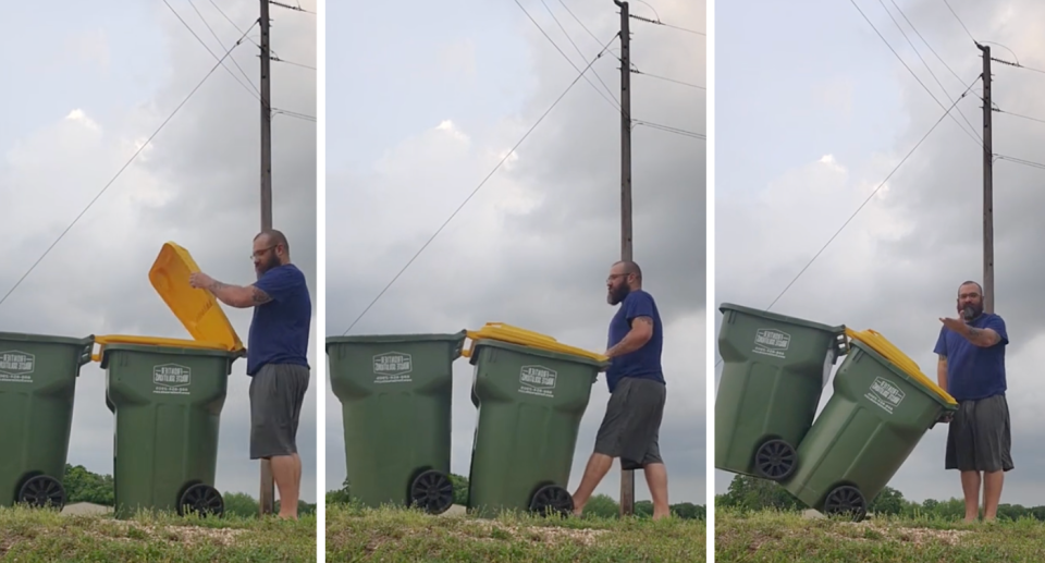 US man wheels two bins at once.