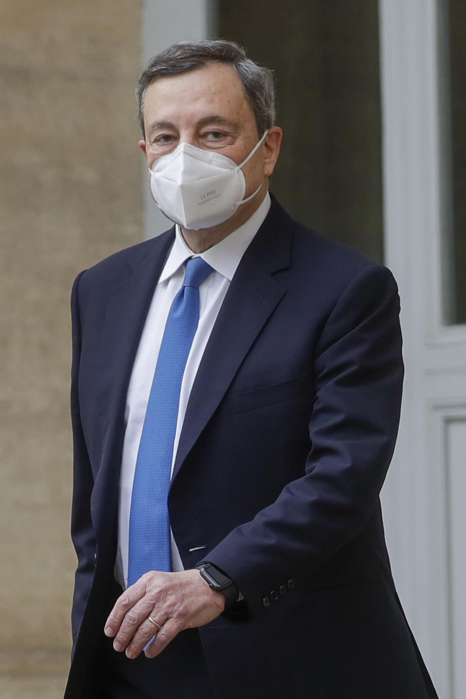 Former European Central Bank President Mario Draghi leaves the Quirinale presidential palace after talks with Italian President Sergio Mattarella to discuss a mandate to form a new government, in Rome, Wednesday, Feb. 3, 2021. (AP Photo/Andrew Medichini)