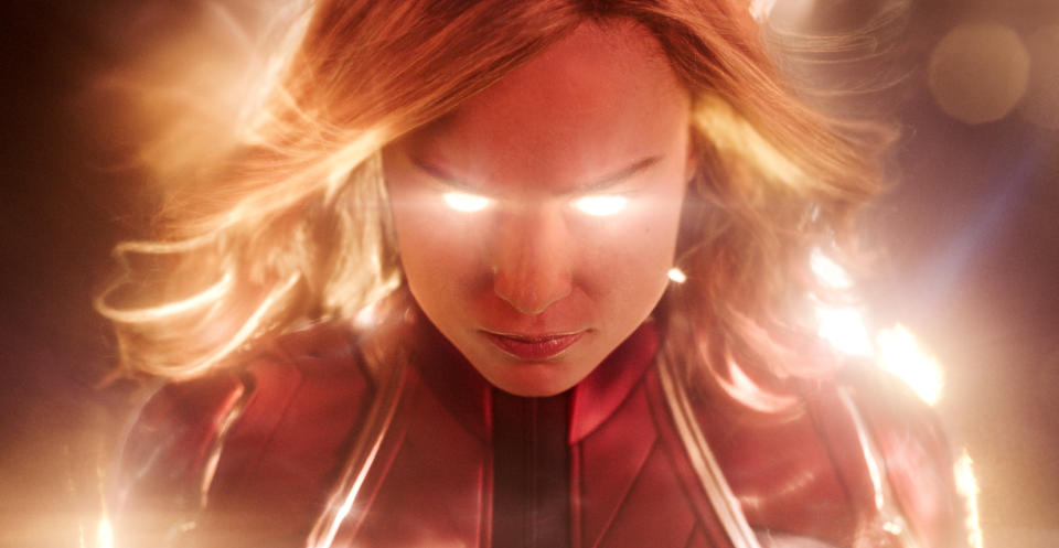 This image released by Disney-Marvel Studios shows Brie Larson in a scene from "Captain Marvel." (Disney-Marvel Studios via AP)