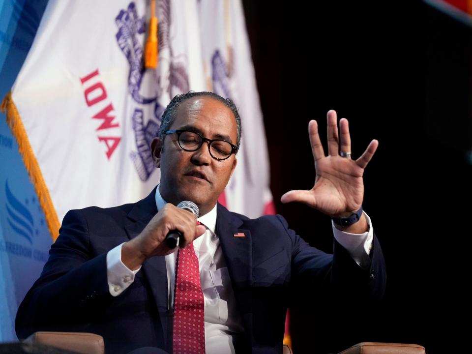 Republican presidential candidate and former U.S. Rep. Will Hurd, R-Texas, speaks at the Iowa Faith & Freedom Coalition's fall banquet, Saturday, Sept. 16, 2023, in Des Moines, Iowa. (AP Photo/Bryon Houlgrave)