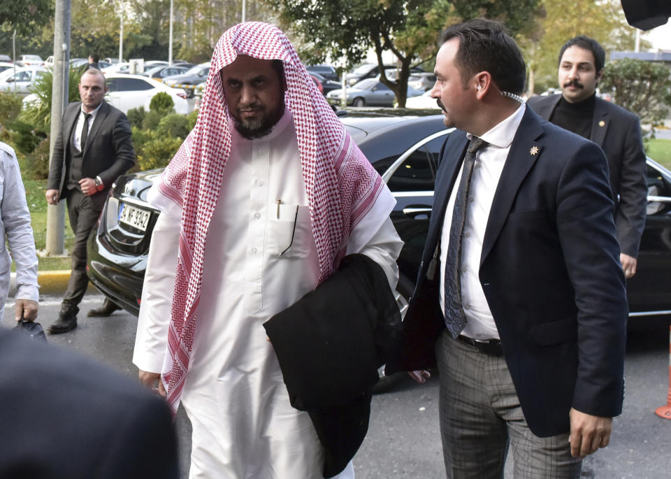 Saudi Arabia's top prosecutor Saud al-Mojeb walks to board a plane to leave Turkey, in Istanbul, Wednesday, Oct. 31, 2018. A top Turkish prosecutor said Wednesday that Saudi journalist Jamal Khashoggi was strangled as soon as he entered the Saudi Consulate in Istanbul as part of a premeditated killing, and that his body was dismembered before being disposed of. A statement from chief Istanbul prosecutor Irfan Fidan's office also said that discussions with Saudi chief prosecutor Saud al-Mojeb have yielded no "concrete results" despite "good-willed efforts" by Turkey to uncover the truth. (DHA via AP)