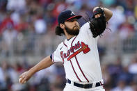 Atlanta Braves starting pitcher Ian Anderson delivers to a Boston Red Sox batter in the first inning of a baseball game Wednesday, June 16, 2021, in Atlanta. (AP Photo/John Bazemore)