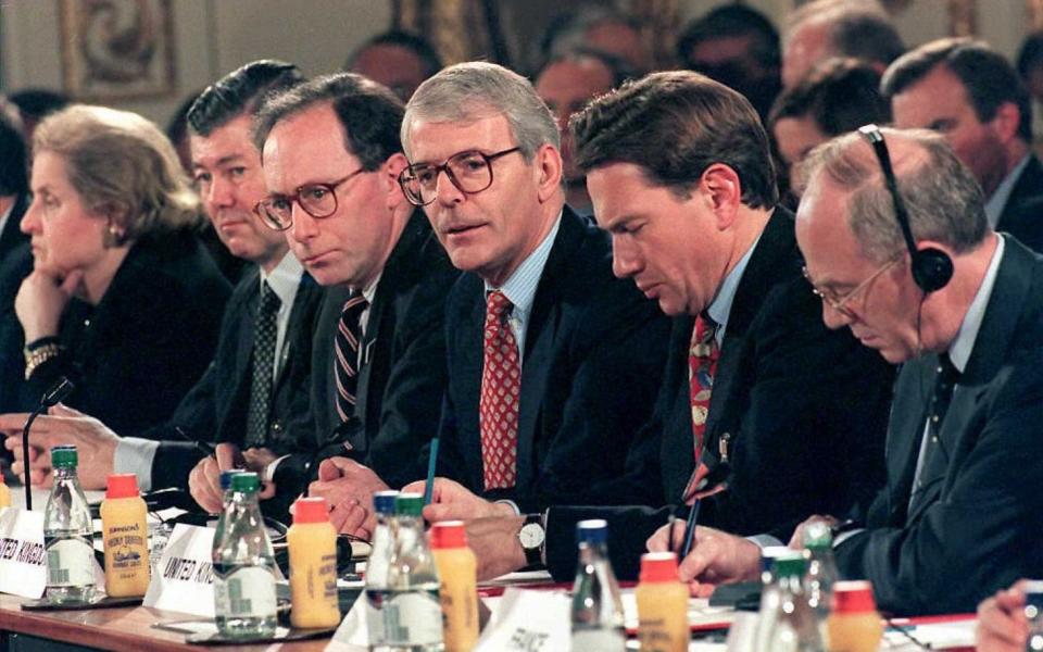 Bonsor, second left, in 1995, with fellow delegation members at the Bosnian Peace Implementation Conference at Lancaster House, l-r: US diplomat Madeleine Albright, Foreign Secretary Malcolm Rifkind, Secretary for Defence Michael Portillo and the French Foreign Minister Herve de Charette - JOHNNY EGGITT/AFP via Getty Images