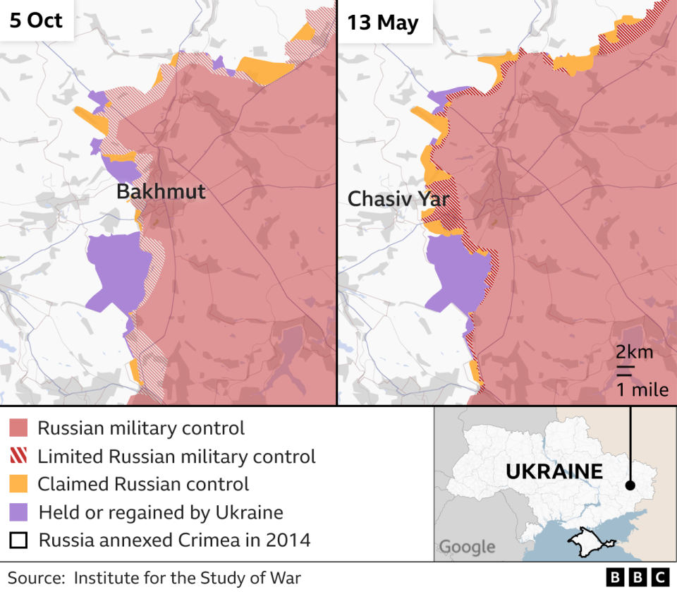 Map showing Russian advances around Bakhmut