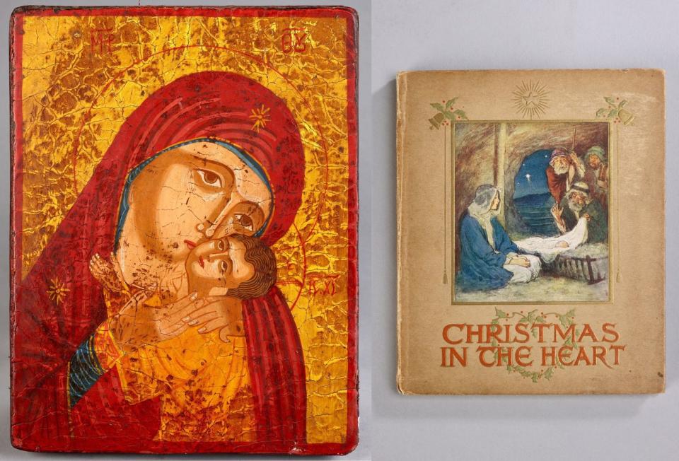 具東正教色彩的〈聖母與聖子聖像畫〉（左）及基督新教風格的《心中的聖誕節》（右），是12月5日起的文物開窗系列特展展品。（宗博館提供）