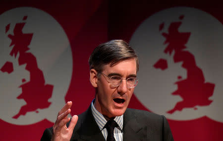 FILE PHOTO: Pro-Brexit Conservative MP Jacob Rees-Mogg speaks during the Conservative Party Conference in Birmingham, Britain, September 30, 2018. REUTERS/Toby Melville/File Photo