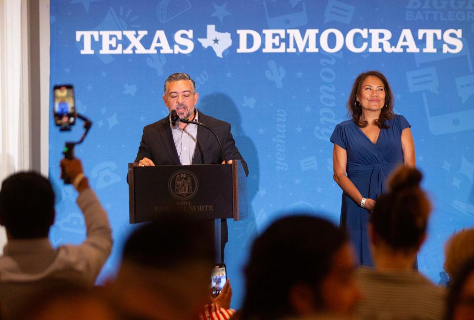 Texas Sen. Cesar Blanco and Congresswoman Veronica Escobar give the opening speeches as co-hosts for the Texas Democratic Party Convention in El Paso Texas on June 6, 2024 at the Paso Del Norte Hotel.