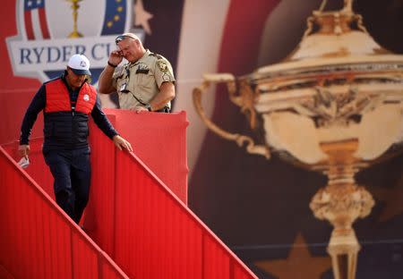 Sep 29, 2016; Chaska, MN, USA; Phil Mickelson of the United States on the driving range during a practice round for the 41st Ryder Cup at Hazeltine National Golf Club. Mandatory Credit: John David Mercer-USA TODAY Sports