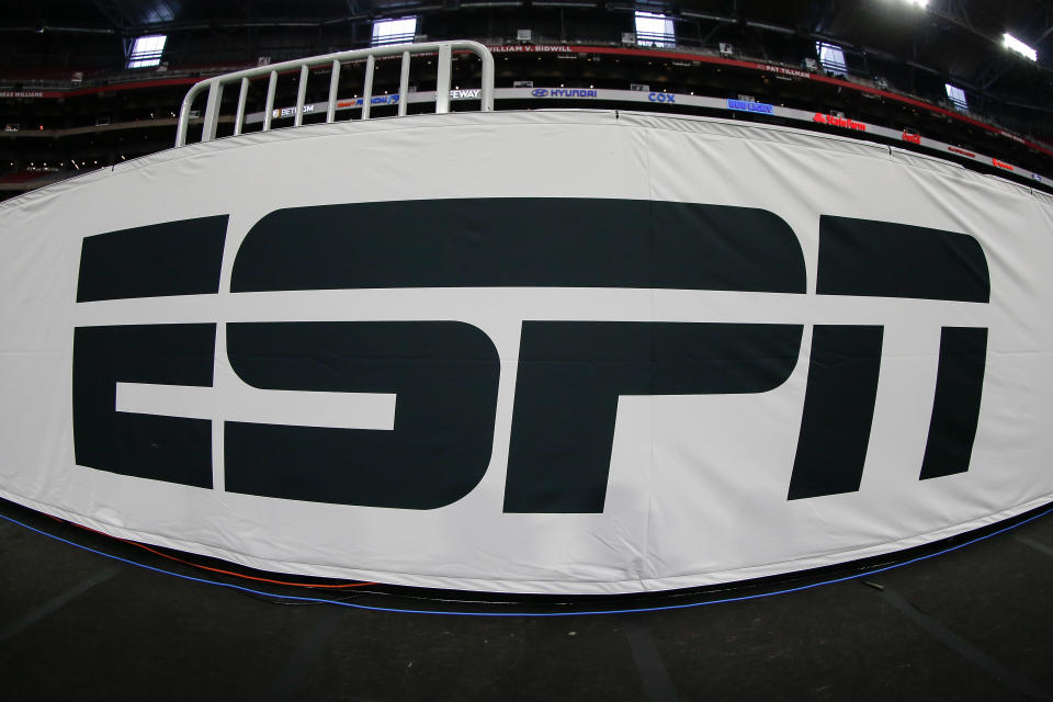 GLENDALE, AZ - DECEMBER 31:  ESPN logo before the VRBO Fiesta Bowl college football national championship semifinal game between the Michigan Wolverines and the TCU Horned Frogs on December 31, 2022 at State Farm Stadium in Glendale, Arizona. (Photo by Kevin Abele/Icon Sportswire via Getty Images)