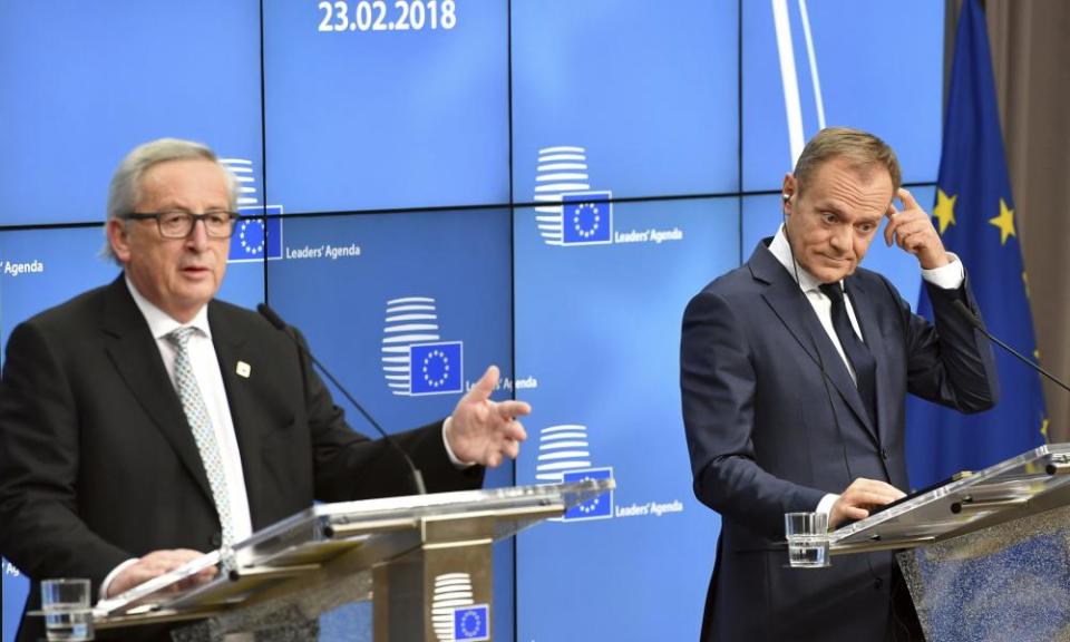 Jean-Claude Juncker (left) and Donald Tusk at a press conference at the EU summit in Brussels.