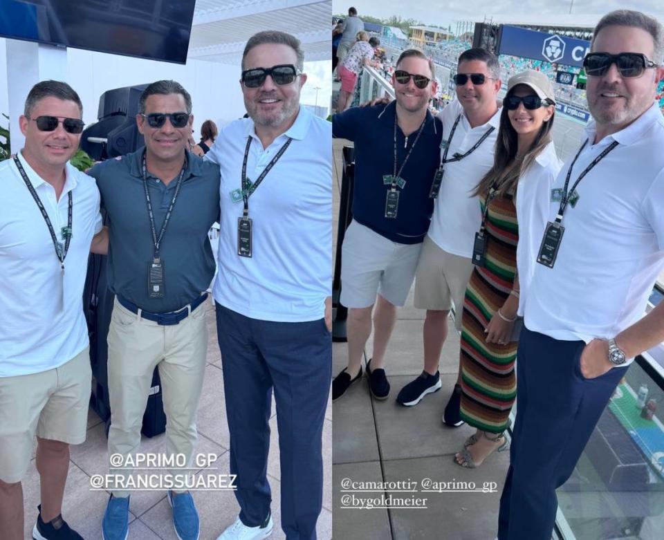 Fotos publicadas en Instagram muestran al alcalde de Miami, Francis Suárez (segundo a la izquierda), y al recaudador de fondos de su campaña, Brian Goldmeier (centro), pasando el rato en el Paddock Club de Fórmula 1 con Antonio Primo, socio principal de DaGrosa Capital, y Antonio Camarotti, presidente ejecutivo y editor de Forbes Brasil. Instagram