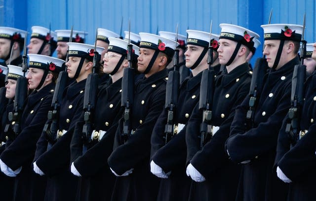 Royal Navy officers rehearse for their role in the annual remembrance service at the Cenotaph 