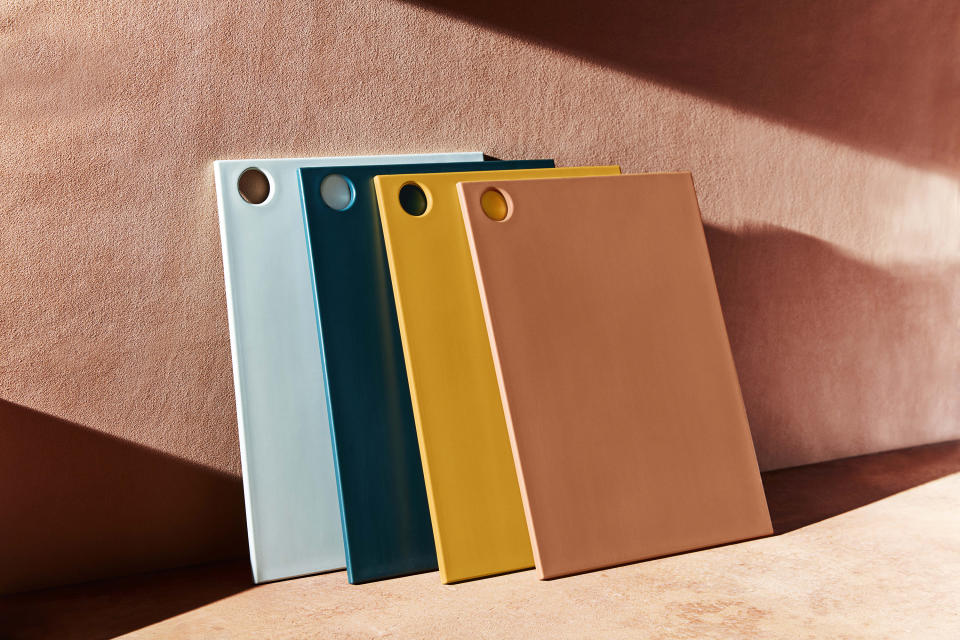 This photo provided by Material Kitchen shows their reBoard cutting boards. Material Kitchen's reBoards are cutting boards made of recycled plastic and sugarcane, and are offered in a rainbow of beautiful hues. Kitchen tools like this may seem like a utilitarian gift, but if you can find them in interesting hues like this, and made sustainably, the gift becomes something a little more special. (Kate Mathis/Material Kitchen via AP)