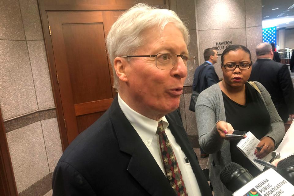 Jim Bopp, the attorney for conservative religious groups challenging limits on Indiana's religious objections law, speaks with reporters after a court hearing Thursday, Oct. 3, 2019, at the Hamilton County government center in Noblesville.