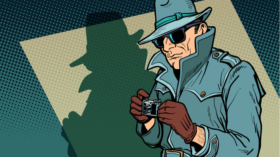  An illustration of a 1960s spy with sunglasses and a big coat. 