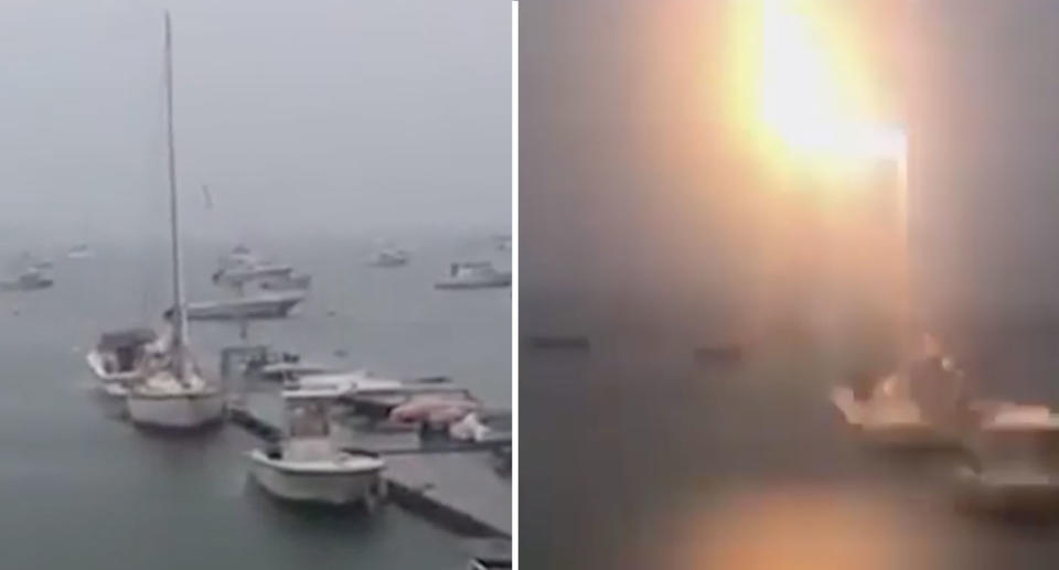 The lightning strike hit a 12-metre boat docked at a marina in South Boston. Pictured are two stills of the moment that was caught on video.