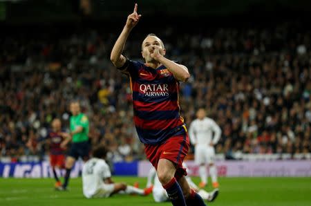 Andres Iniesta celebrates after scoring the third goal for Barcelona. Reuters / Sergio Perez