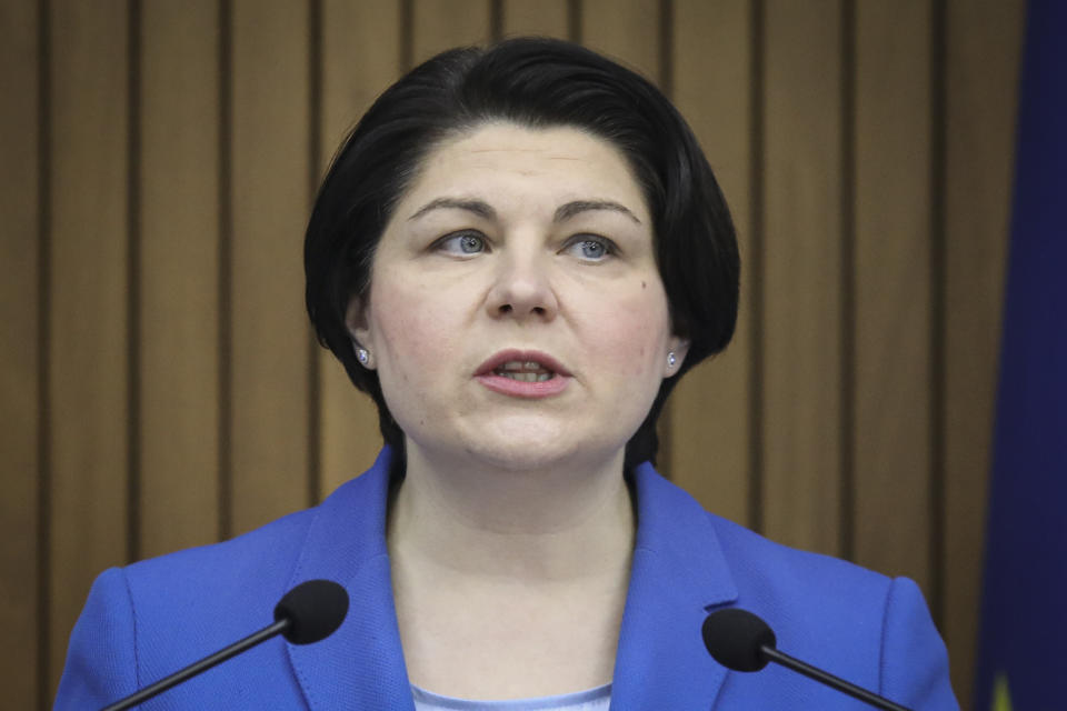 Moldovan Prime Minister Natalia Gavrilita announces her resignation during a news conference in Chisinau, Moldova, Friday, Feb 10, 2023. Moldova's government collapsed Friday as pro-Western Prime Minister Natalia Gavrilita resigned, adding to a series of crises that have gripped the small nation since Russia invaded its neighbor, Ukraine. (AP Photo/Aurel Obreja)