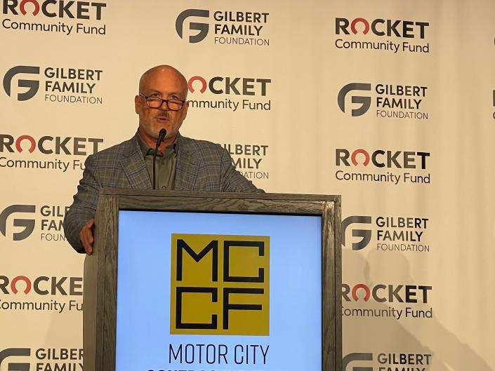 Bill Emerson, vice chairman of Rock Holdings, announces the launch of the Motor City Contractor Fund at a news conference on April 5, 2022.