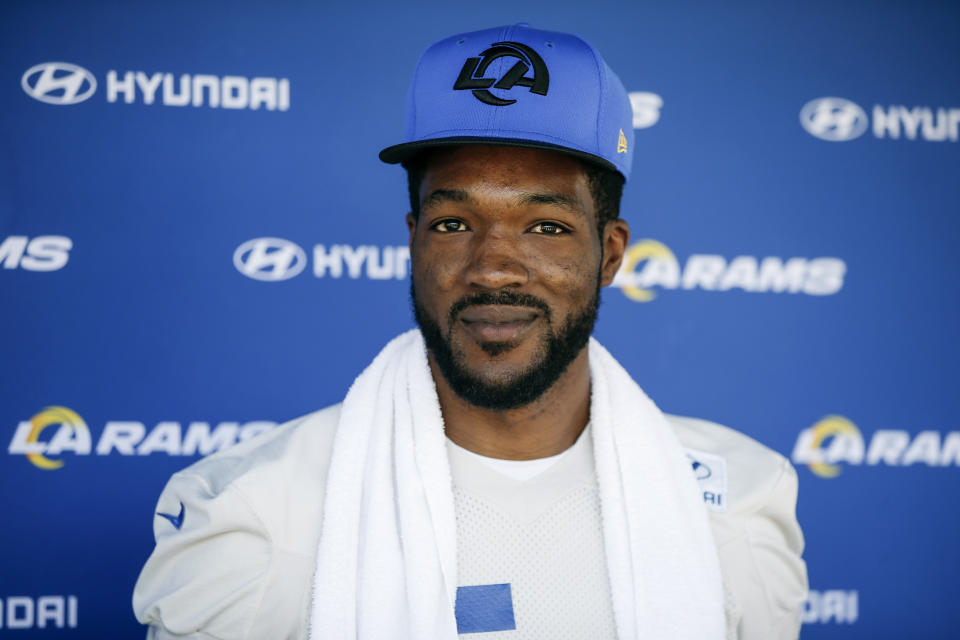 FILE - Los Angeles Rams linebacker Leonard Floyd answers questions during a news conference after the NFL football team's practice, June 1, 2022, in Thousand Oaks, Calif. The Buffalo Bills have reached an agreement to sign linebacker Leonard Floyd to a one-year contract in reuniting the edge rusher with Von Miller, a person with direct knowledge of the agreement told The Associated Press on Monday, June 5, 2023. (AP Photo/Ringo H.W. Chiu, File)