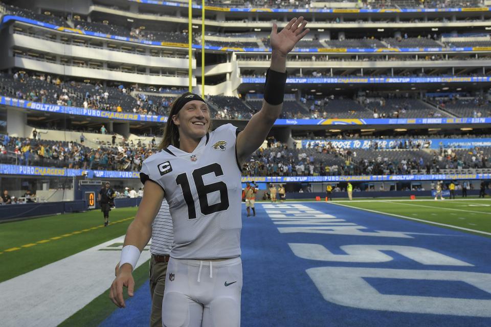 Jacksonville Jaguars quarterback Trevor Lawrence (16) waves after an NFL football game against the Los Angeles Chargers in Inglewood, Calif., Sunday, Sept. 25, 2022. (AP Photo/Mark J. Terrill)