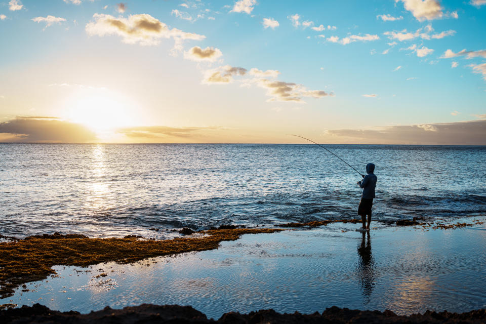 Person fishing at shoreline during sunset