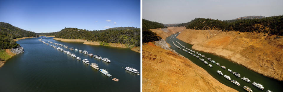Houseboats rest in a channel at Lake Oroville State Recreation Area on March 26, 2023, left, and the same location on Aug. 14, 2021, in Butte County, Calif. (AP Photo/Noah Berger)