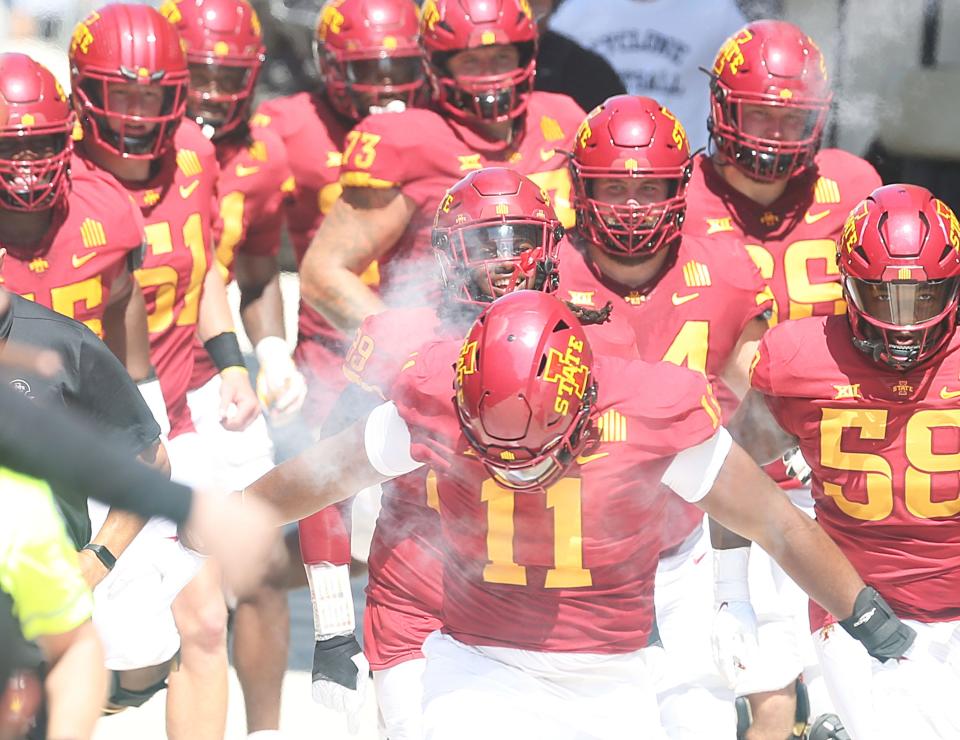 Iowa State football team enters the field before the season-opening game against Northern Iowa at Jack Trice Stadium on Saturday, Sept. 2, 2023, in Ames, Iowa.