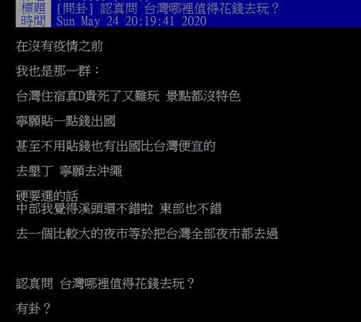 原PO想知道台灣哪裡適合花錢去玩。（圖／翻攝自PTT）