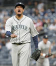 Seattle Mariners starting pitcher Felix Hernandez reacts while leaving the mound after allowing a two-run home run to New York Yankees' Luke Voit during the first inning of a baseball game, Monday, May 6, 2019, in New York. (AP Photo/Kathy Willens)