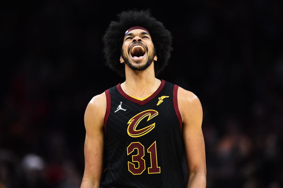 Feb 26, 2022; Cleveland, Ohio, USA; Cleveland Cavaliers center Jarrett Allen (31) celebrates after a turnover during the second half against the Washington Wizards at Rocket Mortgage FieldHouse. Mandatory Credit: Ken Blaze-USA TODAY Sports