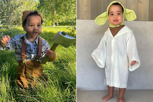 <p>Khloe Kardashian/Instagram</p> Tatum Thompson as a lumberjack and Yoda for Halloween