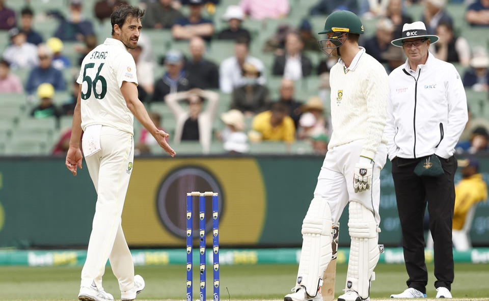 Mitchell Starc, pictured here ripping into Theunis de Bruyn for leaving his crease early in the Boxing Day Test.