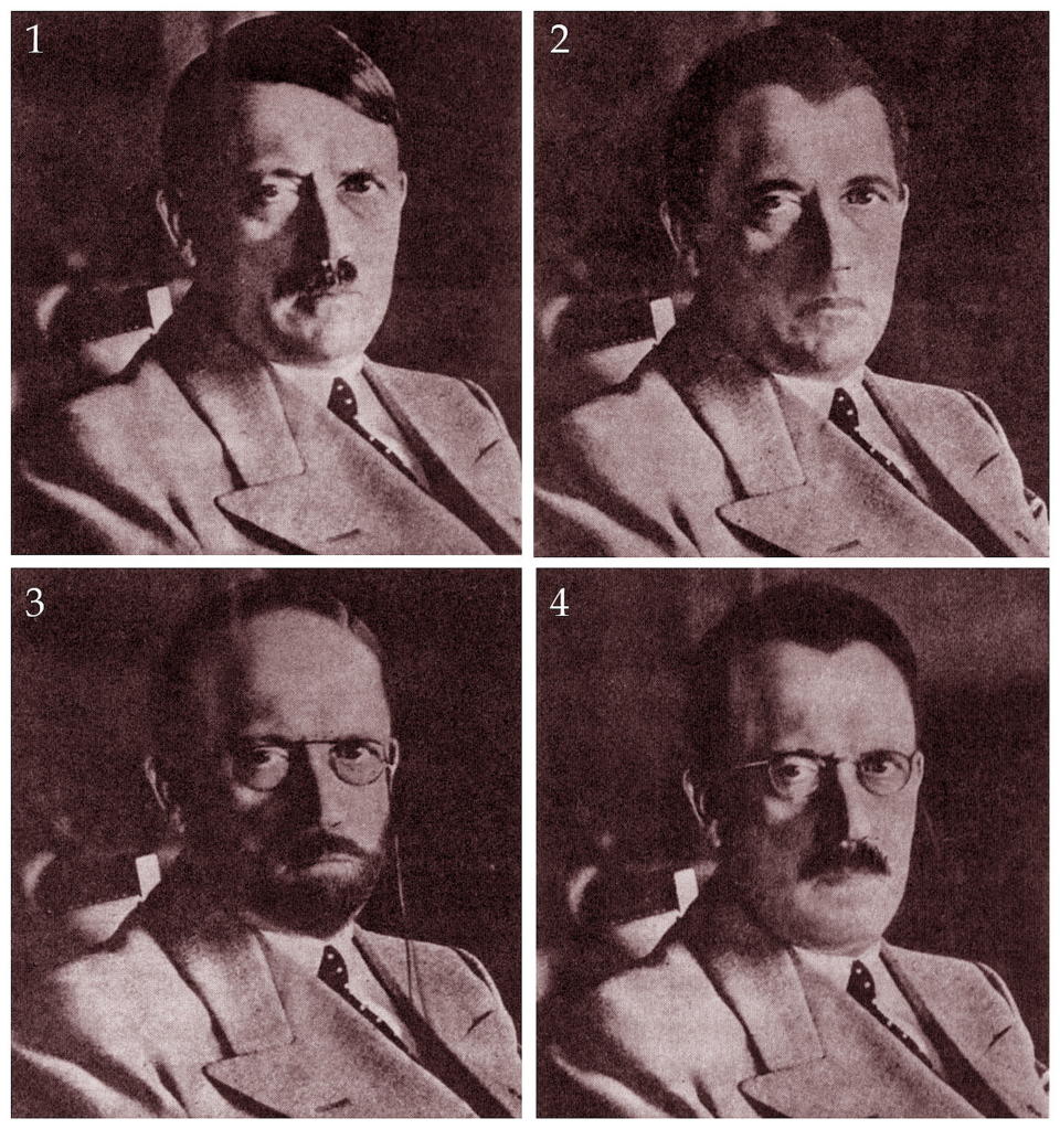 A composite image showing two unnumbered photos of Adolf Hitler on the right and two altered photos on the left, with varying facial hair styles in black and white