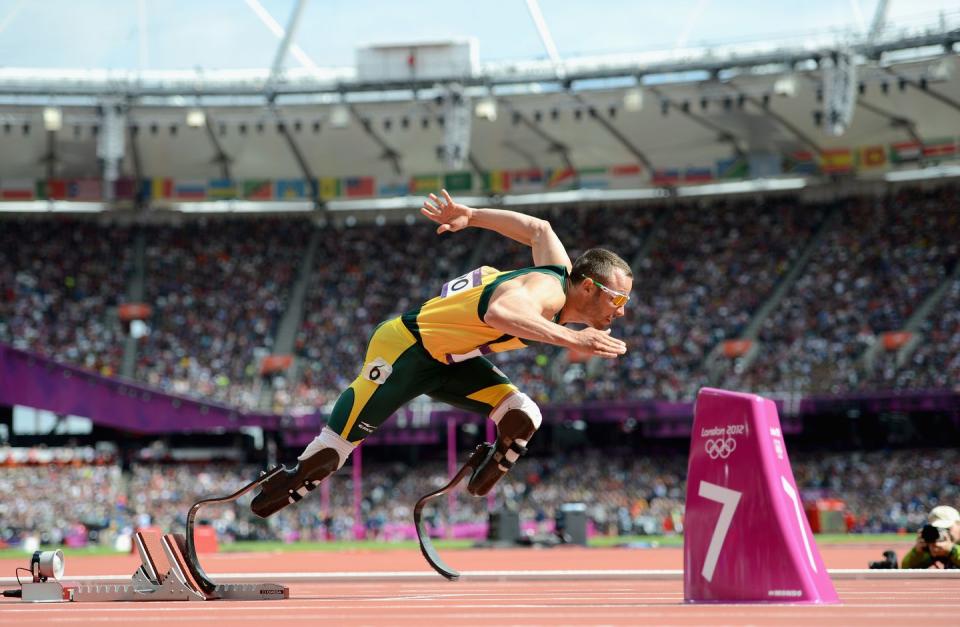 oscar pistorius leaving the starting gate during an event at the olympic stadium