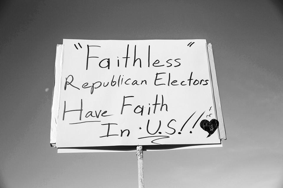 Demonstrators gather outside of the Texas State Capitol in Austin in December 2016 in an attempt to influence the 38 Republican electors from across the state to not vote for President-elect Donald Trump when they cast their formal ballots.