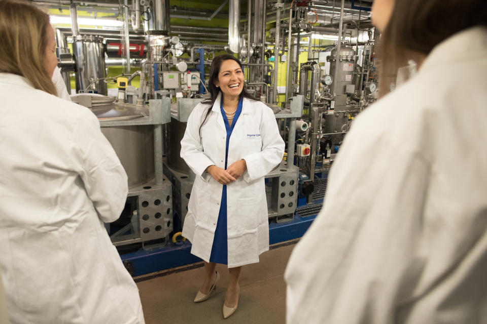 Home Secretary Priti Patel meets students and staff working on 'carbon capture' at Imperial College London in South Kensington, London where she announced plans for a new points-based immigration system. (Photo by Stefan Rousseau/PA Images via Getty Images)