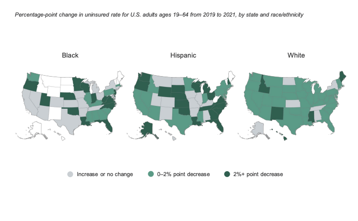 Uninsured rates for Black and Hispanic adults improved considerably in several states between 2019 and 2021, while White adults experienced modest gains in most regions.  / Credit: The Commonwealth Fund