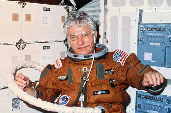 Astronaut Hank Hartsfield, STS-4 pilot, floats in space on the mid-deck of space shuttle Columbia in June 1982. Hartsfield died on July 17, 2014 due to complications from back surgery.