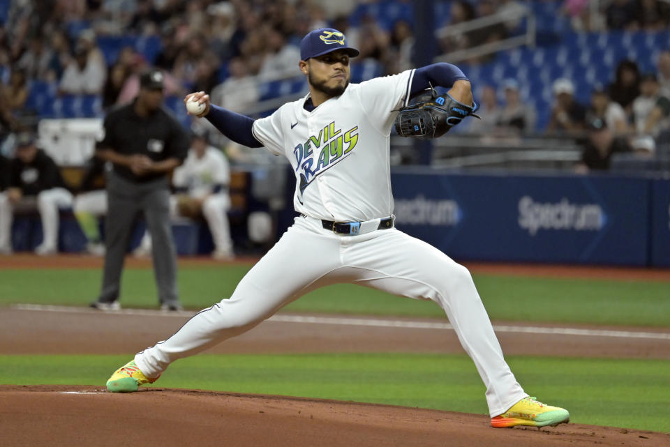 Tampa Bay Rays starter Taj Bradley pitches to a New York Yankees batter during the first inning of a baseball game Friday, May 10, 2024, in St. Petersburg, Fla. (AP Photo/Steve Nesius)